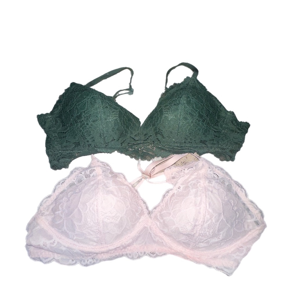 Aerie Coquette Lace Bralette Set - Green and Pink